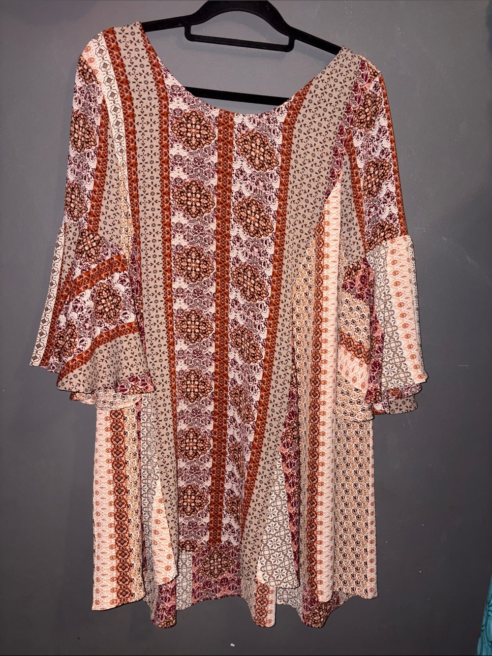 Umgee Floral Stripe Bell-Sleeve Maxi Dress in Rust and Cream